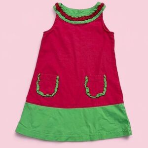Hanna Andersson Pink & Green Colorblock Ruffle Pocket Dress Toddler Girls 4T